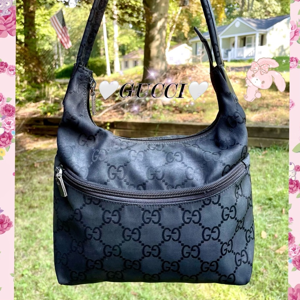 🌷Authentic🌷 GUCCI GG black monogram Canvas handbag Shoulder/Hobo Bag 🐢🍃